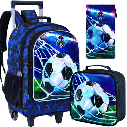 Mochila de Rodinhas para Meninos, Mochila Escolar com Rodas - Mochila Escolar Primária com Rodas - Kit Mochila de Futebol 3 Peças