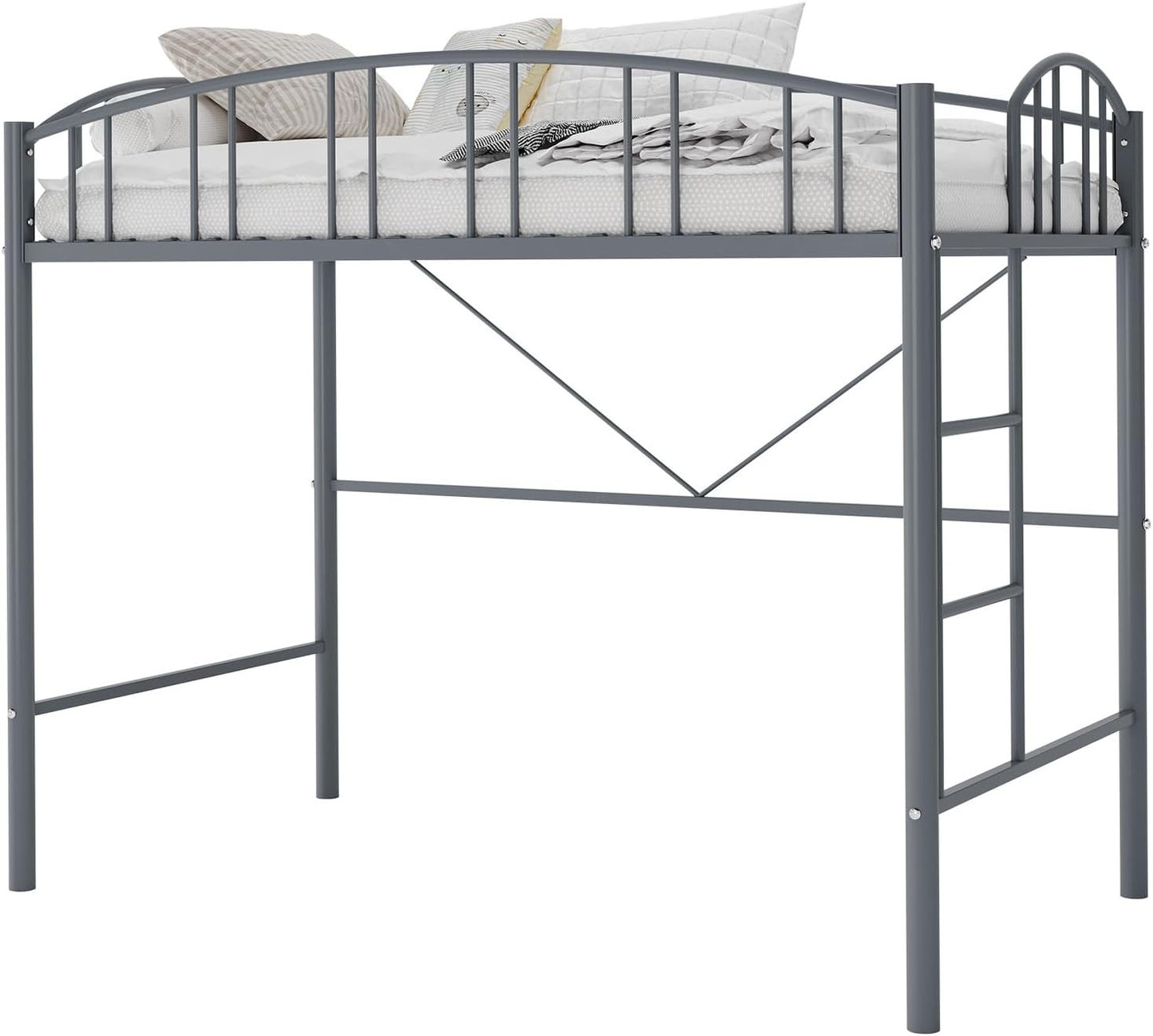 Cama Alta de Metal Resistente Tamanho Solteiro com Escada e Guarda-Corpo Arqueado, Suporte de Estrados de Aço Resistente, Design que Economiza Espaço – Branco