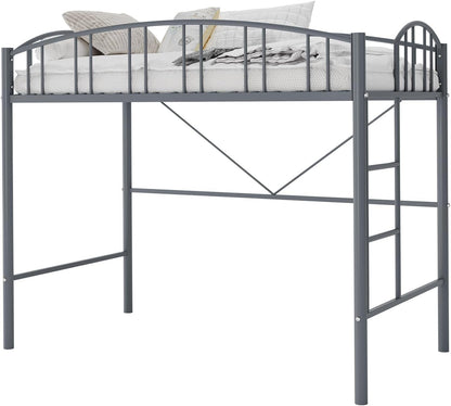 Cama Alta de Metal Resistente Tamanho Solteiro com Escada e Guarda-Corpo Arqueado, Suporte de Estrados de Aço Resistente, Design que Economiza Espaço – Branco