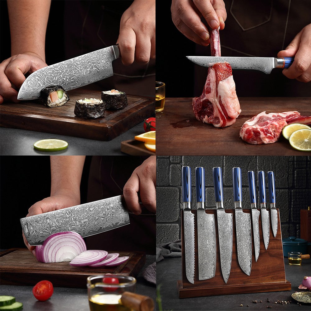 Conjunto de Facas de Cozinha 1-7 Peças, Aço Damasco Ultra Afiado para Chefe, Pão, Santoku, Desossar, Utilitárias, Lâmina com Padrão de Rosa Cabo G10 Azul