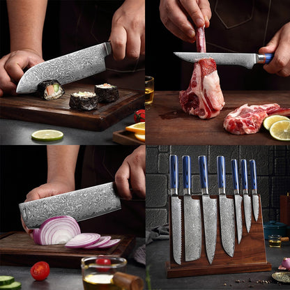 Conjunto de Facas de Cozinha 1-7 Peças, Aço Damasco Ultra Afiado para Chefe, Pão, Santoku, Desossar, Utilitárias, Lâmina com Padrão de Rosa Cabo G10 Azul