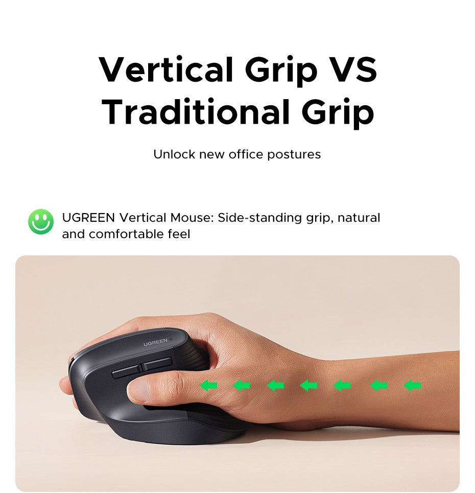 Mouse Sem Fio Vertical UGREEN 2.4G Ergonômico 4000DPI 6 Botões Silenciosos para MacBook, Tablet, Notebooks, Computador, PC, Mouse Preto e Rosa