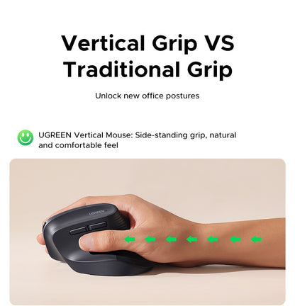 Mouse Sem Fio Vertical UGREEN 2.4G Ergonômico 4000DPI 6 Botões Silenciosos para MacBook, Tablet, Notebooks, Computador, PC, Mouse Preto e Rosa