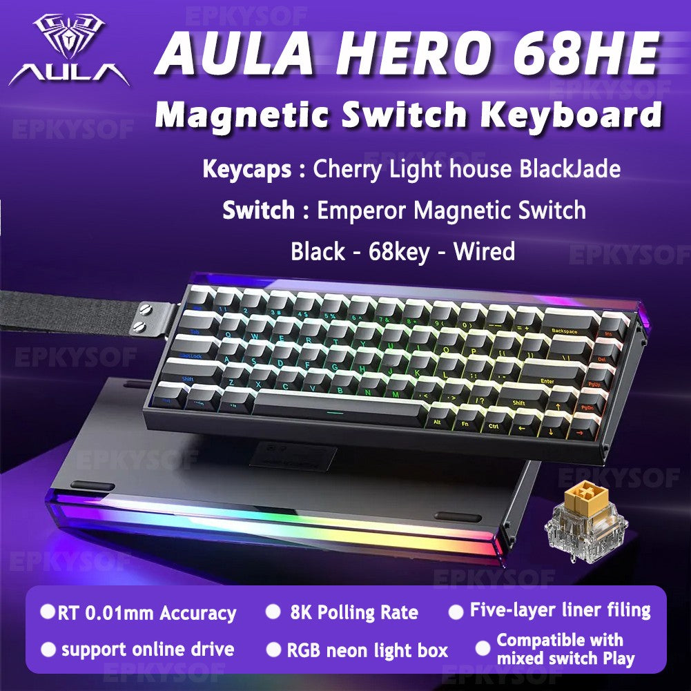 Teclado Mecânico para Jogos RGB com Switches Magnéticos AULA HERO 68HE Teclado para eSports com Acionamento Rápido e Retorno de 8K com Fio Personalizado