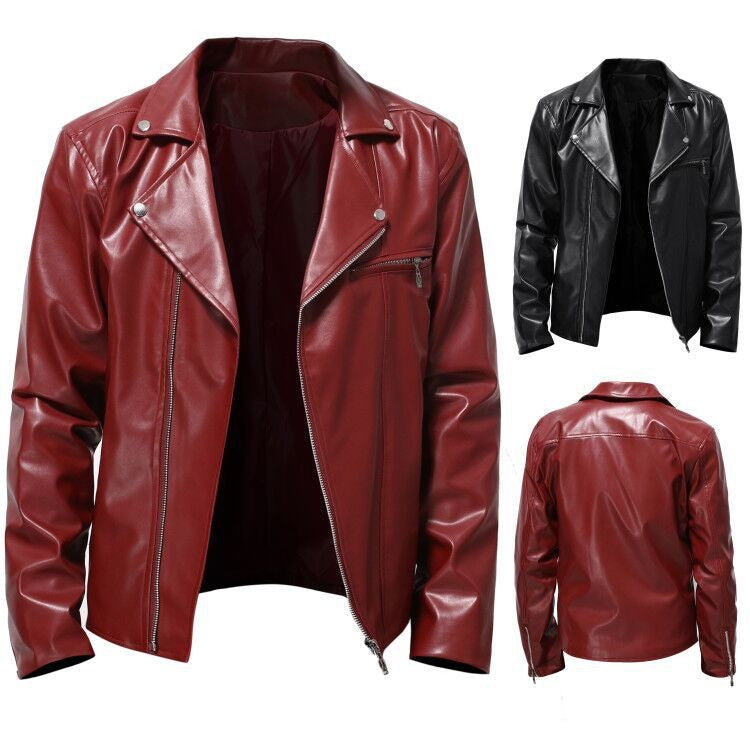 Men's Motorcycle PU Leather Jacket Fashionable Solid Color Slim Fit Zipper Long Sleeved Lapel Leather Jacket Men's Clothing