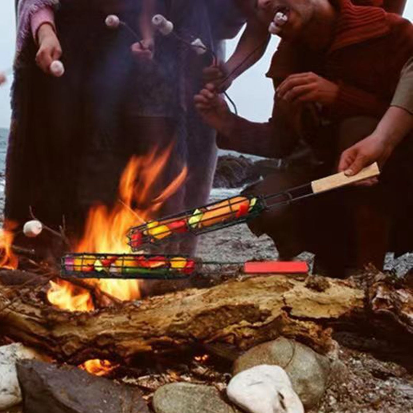 Stainless Steel Barbecue Grill Cage with Wooden Handle Picnic Kitchen Tools BBQ Basket for Fish Shrimp Vegetables Hot Dog