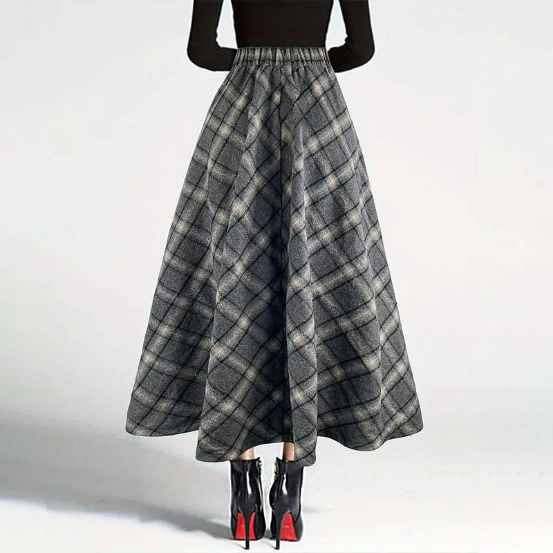 Fairyshely Casual Plaid Print Woolen Long Skirt Women 2025 Summer Ruffle High Waist Midi Skirt Lady Elegant A line Pleated Skirt