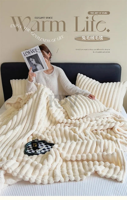 Luxury Soft Faux Rabbit Fur Throw Blanket Fluffy Warm Solid Color Plush Blanket for Sofa Bed Single Double Spring Autumn Plaid
