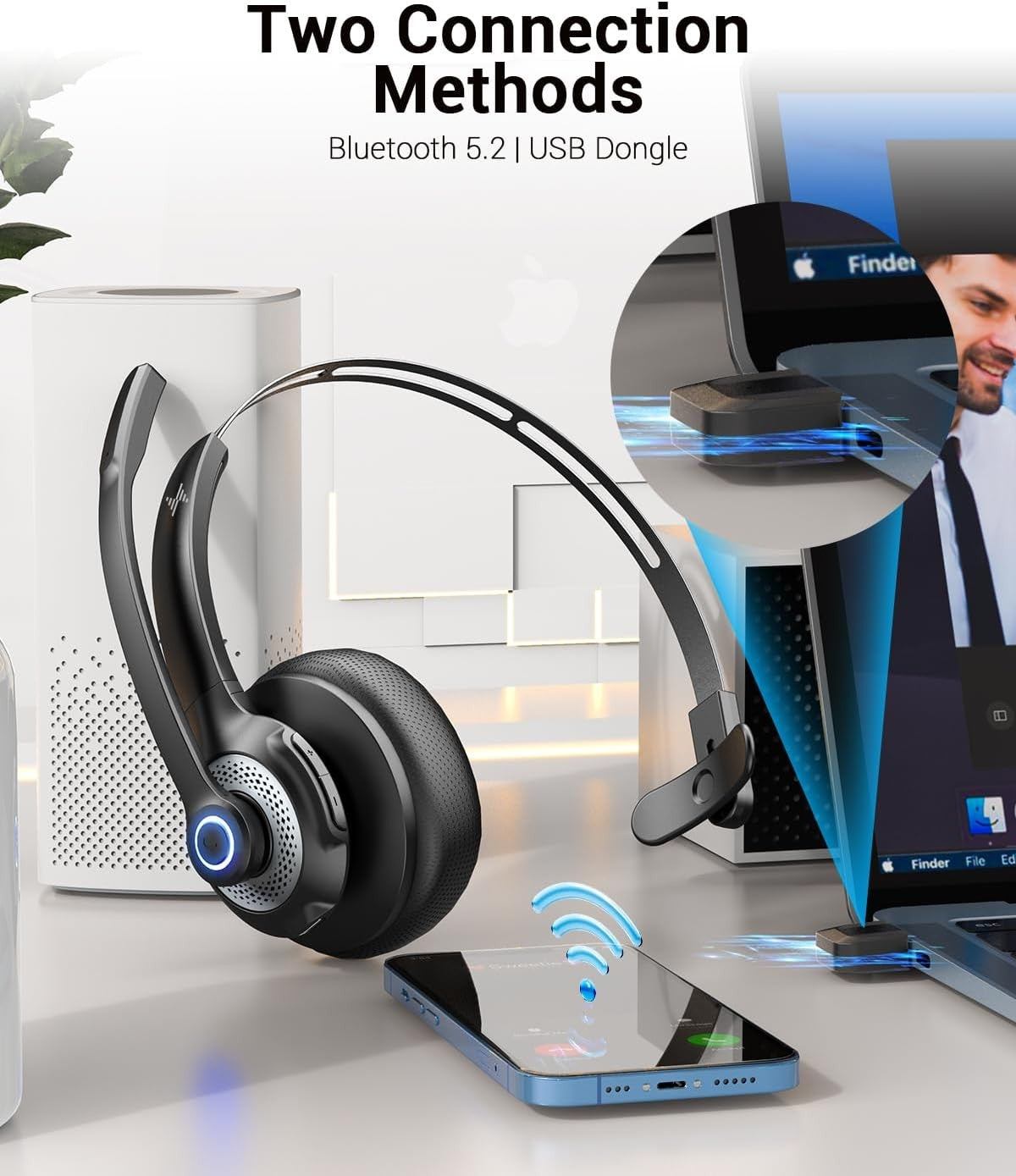 JIAMQISHI Bluetooth 5.2 Wireless Headset with Mic for Work Clear Call Mic Mute USB Dongle Applicable To PC,Laptop,Zoom,Office