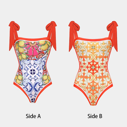 2024 Vintage Pattern Printed One Piece Swimsuit Swimwear Bikini Set Women Beachwear Clearance Wholesale