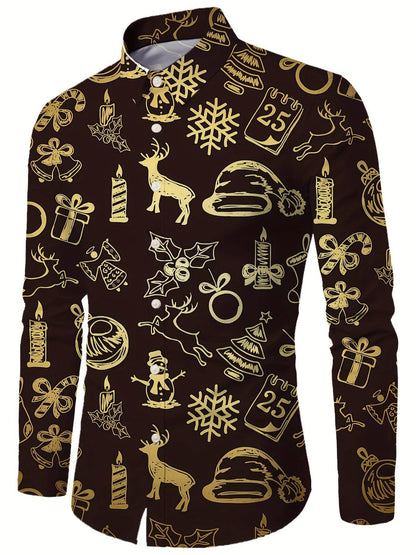 Christmas Theme Men's Gift Elk Graphic Printed Formal Shirts Christmas Graphics Long Sleeve Shirt Fashion Men's Shirts For Men