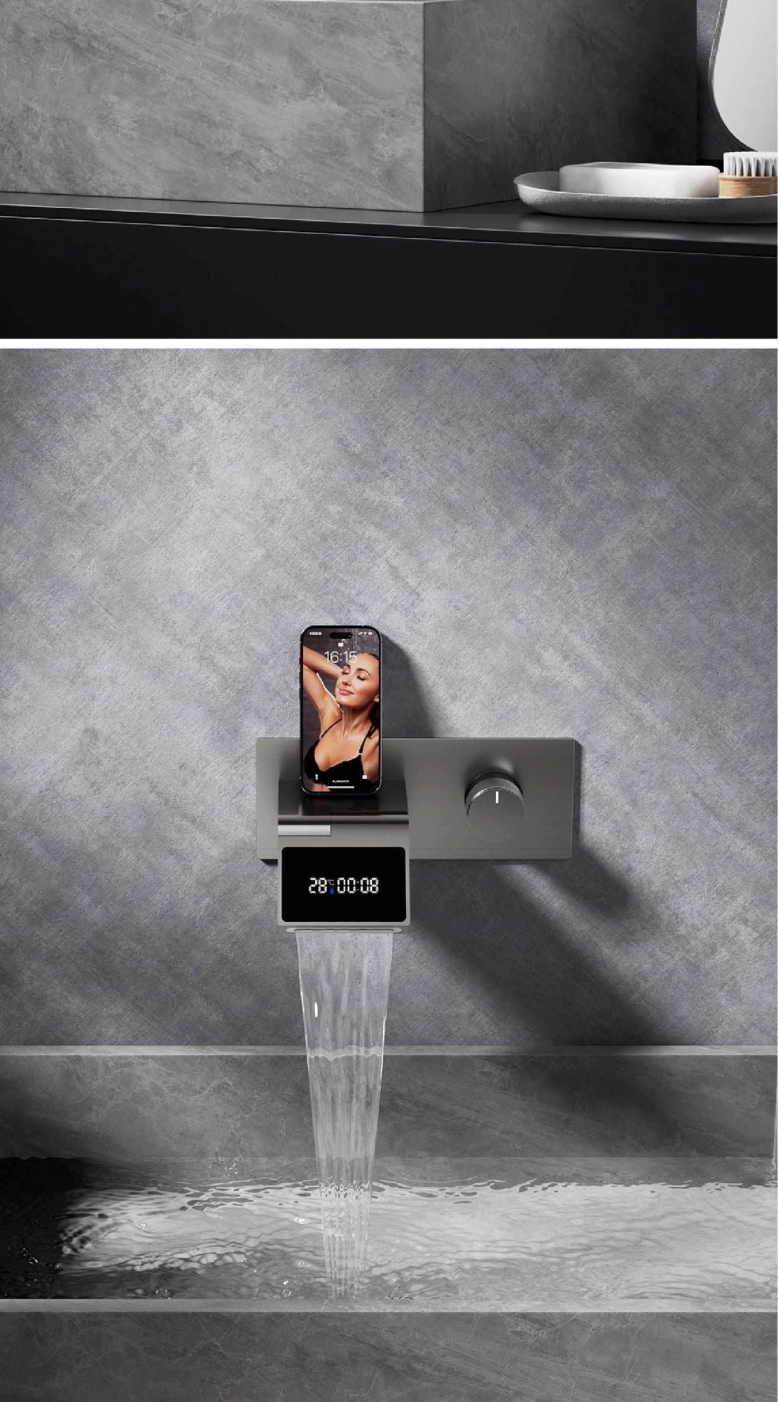 Torneira de banheiro de parede luxuosa de latão cinza chumbo com visor digital LED, misturador monocomando de água quente e fria embutido.