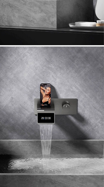 Torneira de banheiro de parede luxuosa de latão cinza chumbo com visor digital LED, misturador monocomando de água quente e fria embutido.