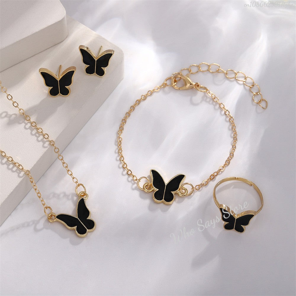 Conjuntos de Joias de Borboleta com Cristal Acrílico Romântico Pulseira Anel Colar Brinco Conjunto para Mulheres Acessórios de Vestido de Jantar de Casamento