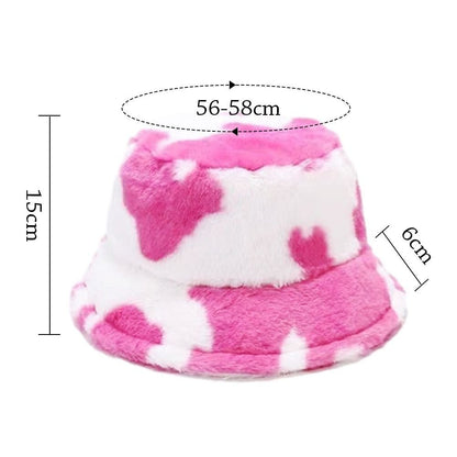 Winter Bucket Hat Women's Fashion Milk Cow Grain Panama Warm Hats Female Vintage Faux Fur Fisherman Cap Hats For Women Casual