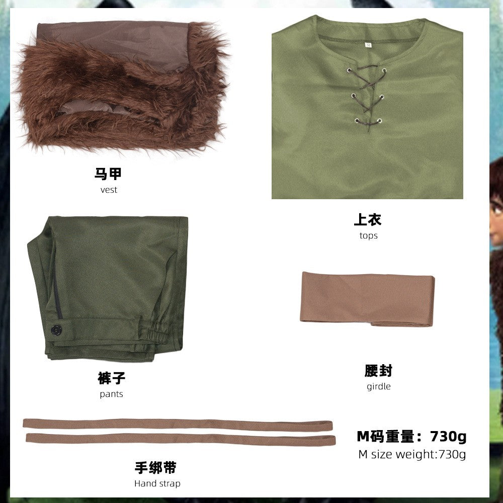 Anime Dragon Hiccup Cosplay Costume Green T Shirt Pant Brown Vest  Set Halloween Fancy Dress for Man