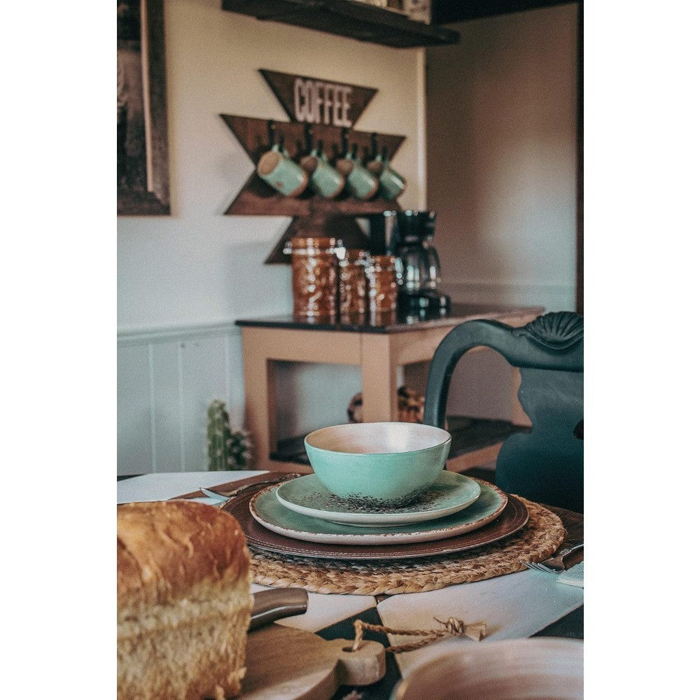 Patina Turquoise 16 Piece Ceramic Southwestern Rustic Cabin Dinnerware Set with Plates, Bowls and Mugs
