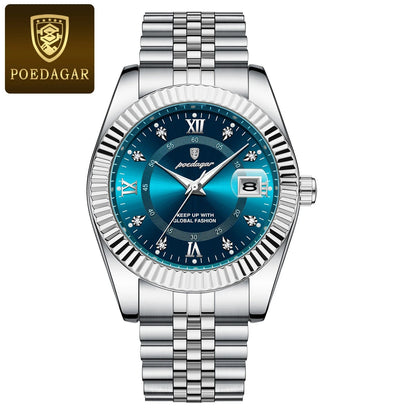 POEDAGAR Luxury Business Men Wristwatch Waterproof Luminous Date Military Man Watch Stainless Steel Fashion Men's Quartz Watches