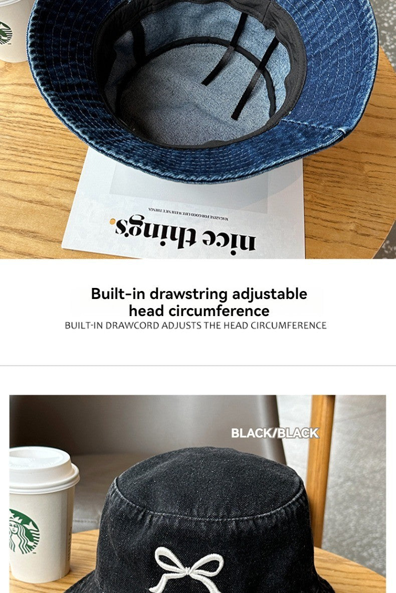 A Fisherman's Hat Three-Dimensional Embroidery Bow Travel Shopping Washed Denim Basin Hat