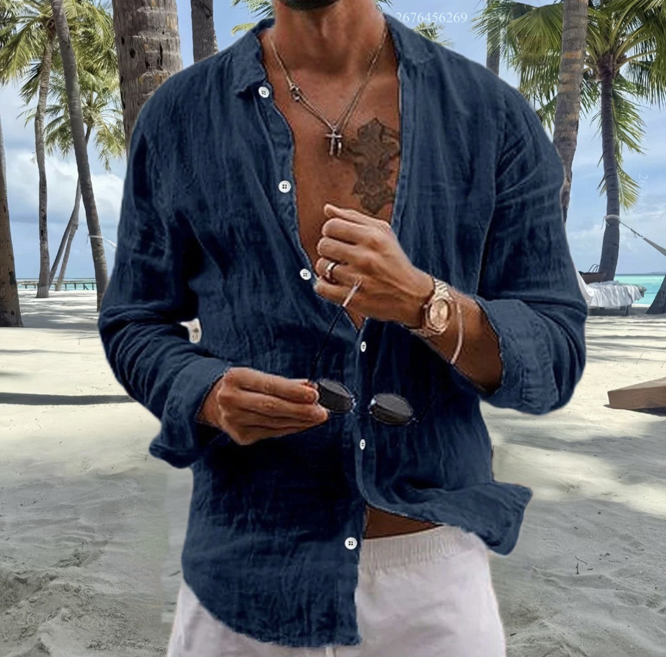 Men's cotton and linen shirt tops simple lapel solid color shirt tops comfortable loose casual vacation shirt express delivery