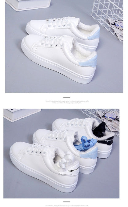 Tênis Feminino de Inverno, Quente, Pelúcia, Sola Vulcanizada, Plataforma, Algodão, Cadarço, Branco, Com Pelúcia, Casual