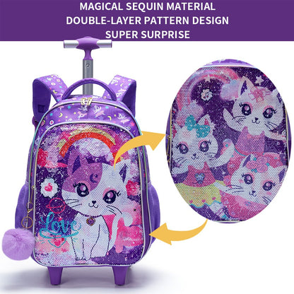 Conjunto de 3 peças Mochila de Rodinhas para Meninas, Linda Mochila Escolar com Rodas de Gatinho de Desenho Animado com Lantejoulas para Alunas do Ensino Fundamental, com Lancheira e Estojo