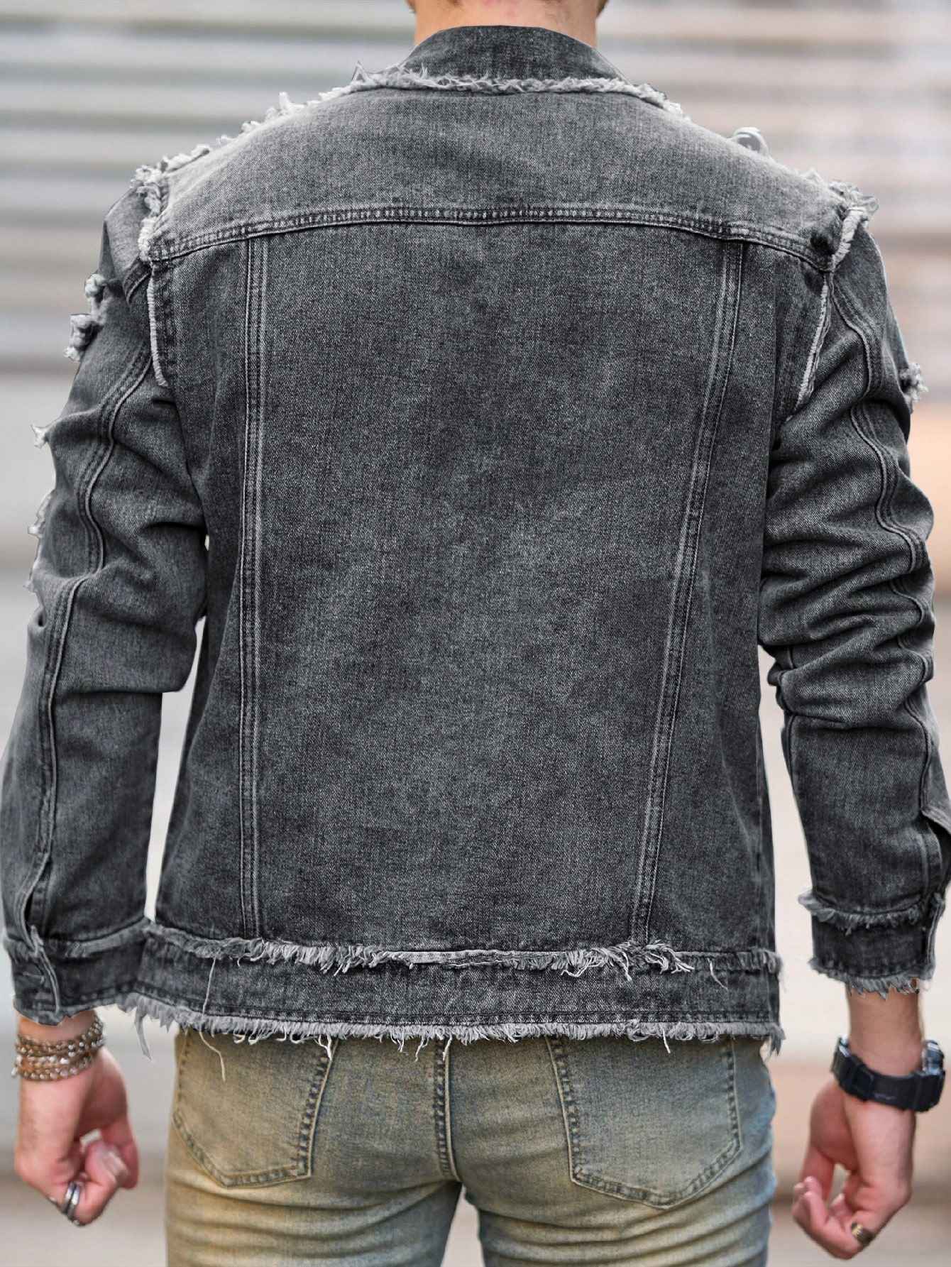 1Pc Men's Four Seasons Destroyed Stone Washed Light Jacket Daily American Street Casual Denim Jacket (No Hood/No Accessories)