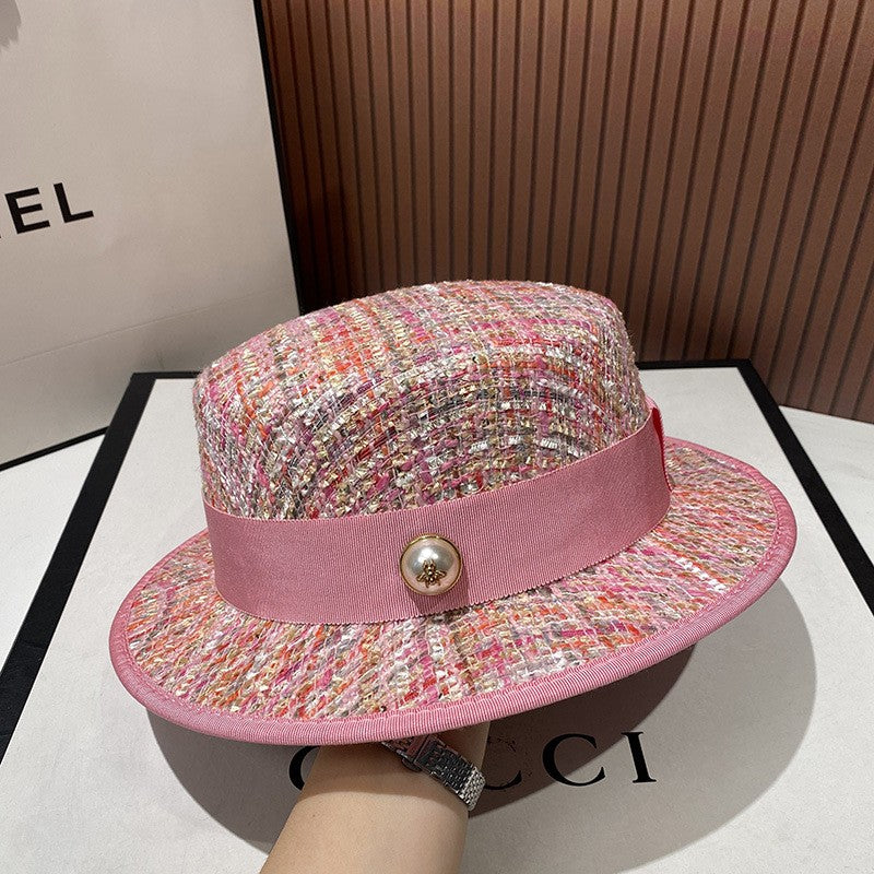 Chapéu jacquard estilo socialite europeia delicado e elegante com pérolas, chapéu de tweed rosa, chapéu de festa feminino da moda
