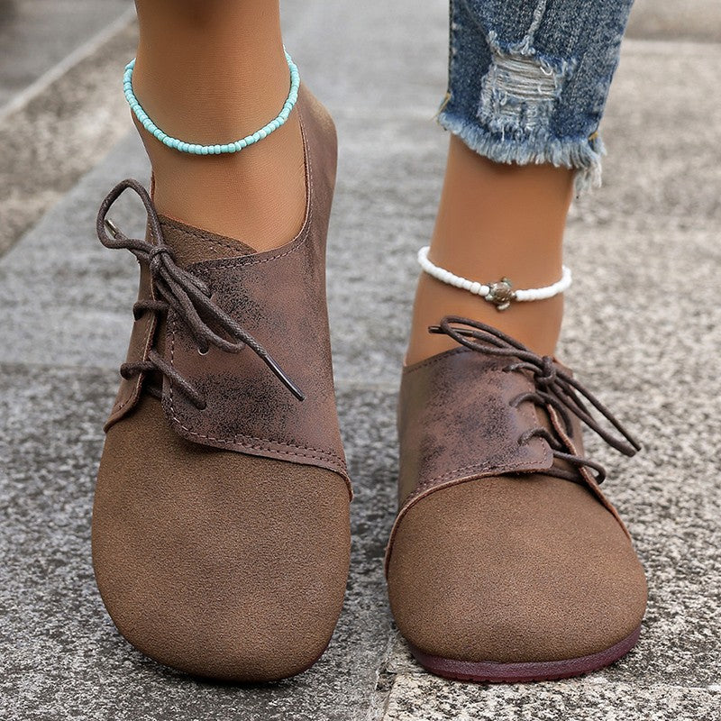 Round Toe Faux Suede Flats Shoes Women Spring Autumn Concise Lace Up Flat Heel Shoes Woman Plus Size Non Slip Casual Shoes Lady