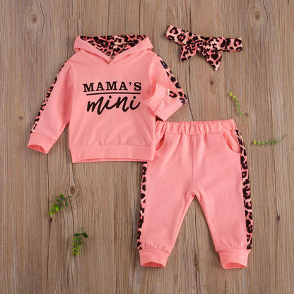 Infant Baby Girl Long-sleeved Trousers Suit Letter Hooded T-shirt Leopard Stitching Long Pants Headband 3Pcs Clothes Spring Fall