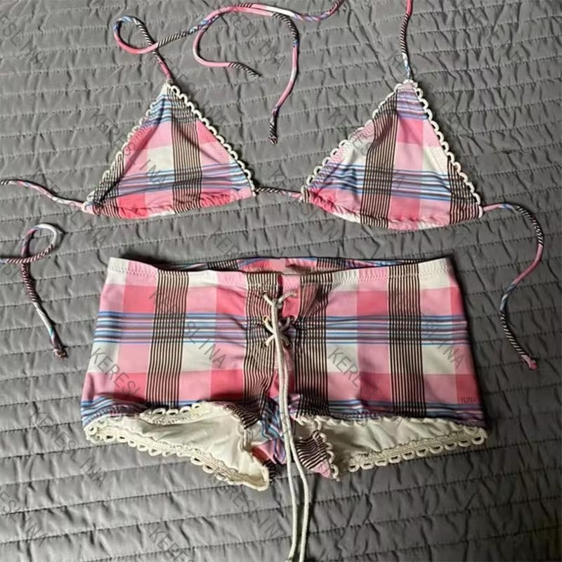 Y2k subculture retro millennium girls style hanging neck suspender bikini set summer beach kawaii classic comfortable bikini set