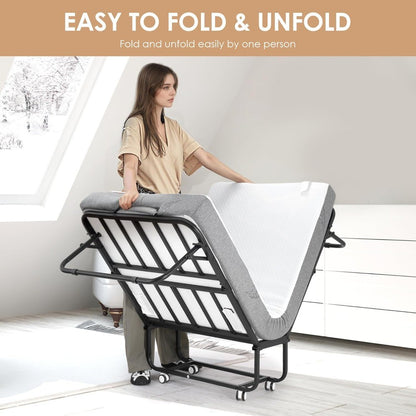Folding Bed with Memory Foam Mattress, Portable Rollaway Guest Beds on Wheels, 75x31 Twin Size Space-Saving Cot-Size Bed for Adu