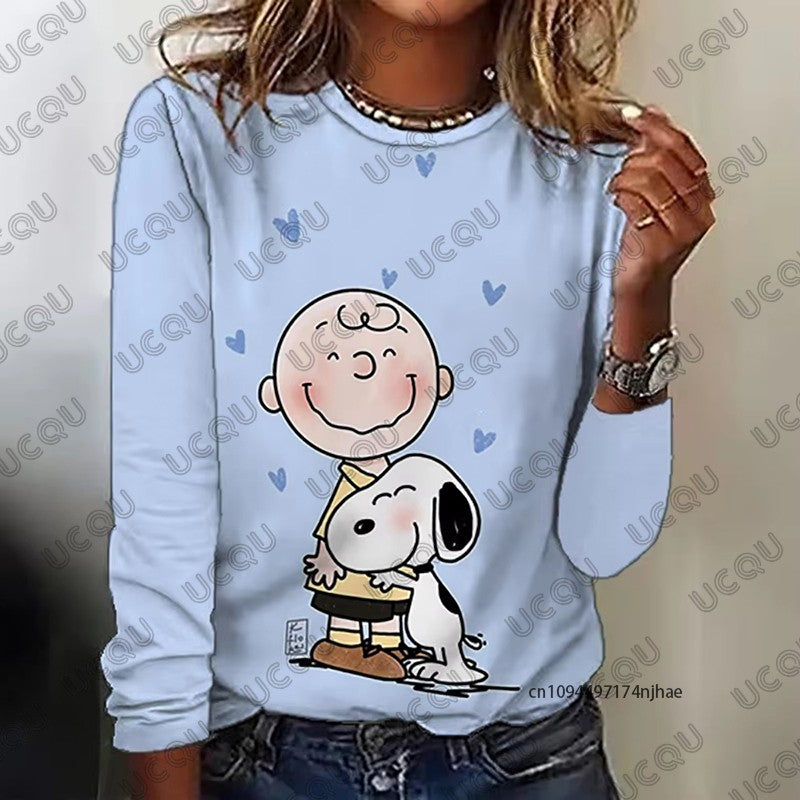 Autumn Winter New Cartoon Snoopy Print Women's Long Sleeve T-shirt Fashion O-neck Tees Casual Sweatshirt Oversize Female Clothes