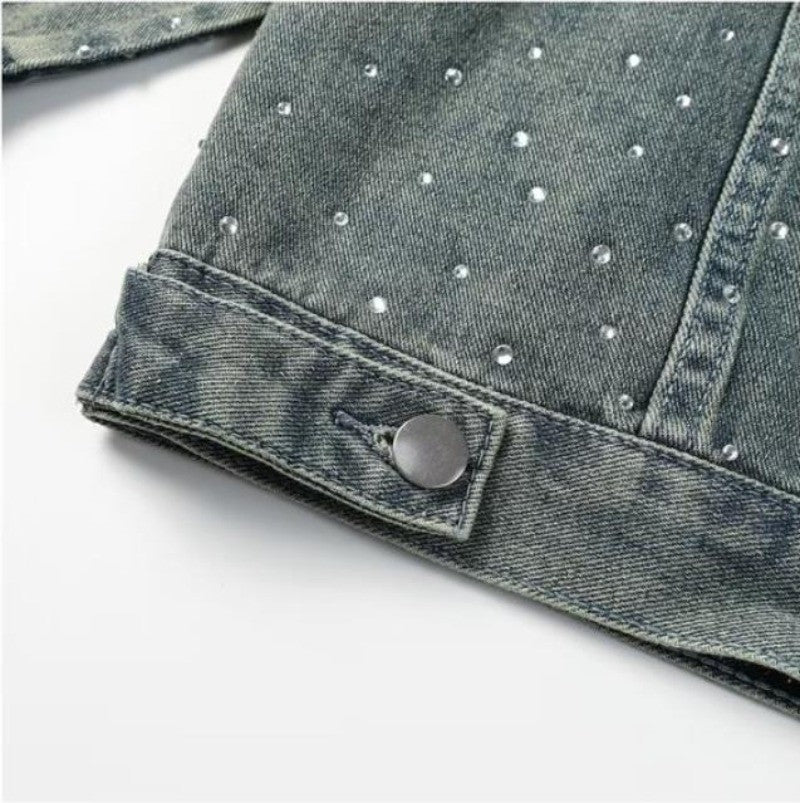 American Trendy Denim Jacket Mens Make Old Flash Diamond Fashion Outwear Spring Single-breasted Street Couple Cowboy Coats