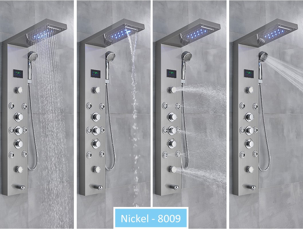 Sistema de Torre de Painel de Chuveiro de LED Coluna de Chuveiro de Cascata de Chuva com Tela LCD de Hidroeletricidade com Torneira de Chuveiro de Spa de Corpo com Massagem