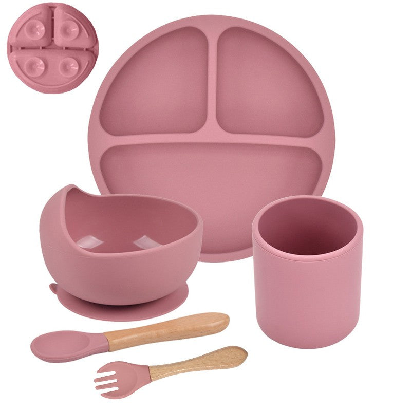 5P Baby Silicone Tableware Set Lid Divided Plate With Suction Bowls Straw Cup Wood Spoon Fork for Toddler Feeding Training Plate