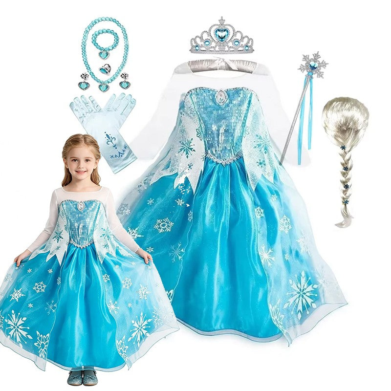 Girls Ice Snow Princess Cosplay Dress with Long Cloak Kids Outfit for Halloween Carnival Birthday Theme Party Role?Play Dress?Up