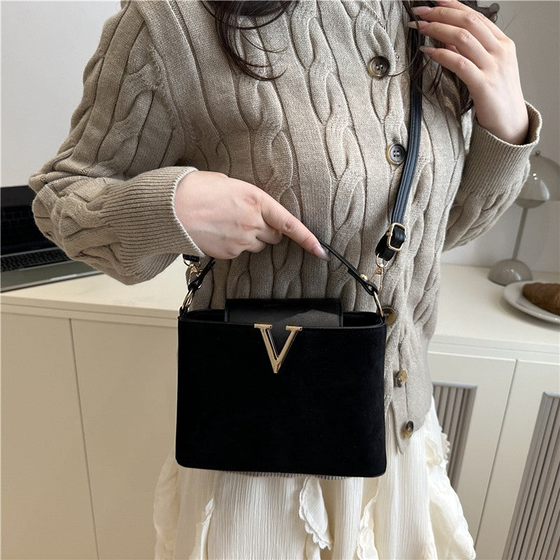 Fashionable Mini Suede Women's Bag, Faux Suede Tote Bag, Hardware Lock Buckle Decoration Handbag Purse Shoulder Cross Body Bags