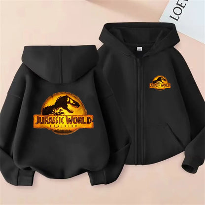 Jurassic Park dinosaur boy black Girls Hoodie tops Suitable age 3-12 Children's Sweatshirt coat Autumn Zipper style Clothing