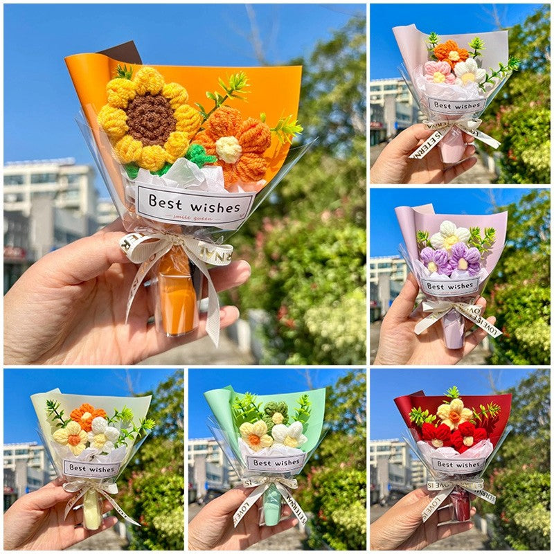 Sunflower Crochet Bouquet Mini Artificial Flower Handmade Knitted Flowers Bouquet Wedding Birthday Gift Room Decor Halloween
