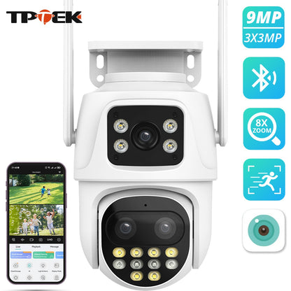 9MP WIFI IP Camera Three Lens Dual Screen With 8X Zoom 6MP PTZ Camera Ai Auto Tracking Security Video Surveillance Camera iCSee
