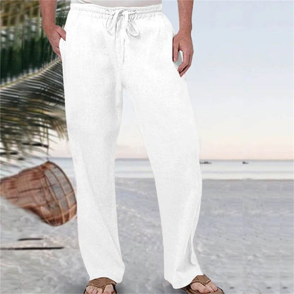 Mens Fashion Casual Pants Solid Color Breathable Cotton Linen Elastic Waist Straight Pants With Pockets Large Size White Pants