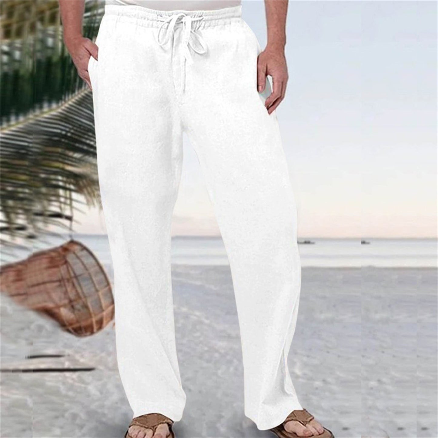Mens Fashion Casual Pants Solid Color Breathable Cotton Linen Elastic Waist Straight Pants With Pockets Large Size White Pants