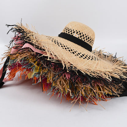 Straw hat women summer Large eaves beach vacation photo sunscreen straw hat personality European style foldable beach hat