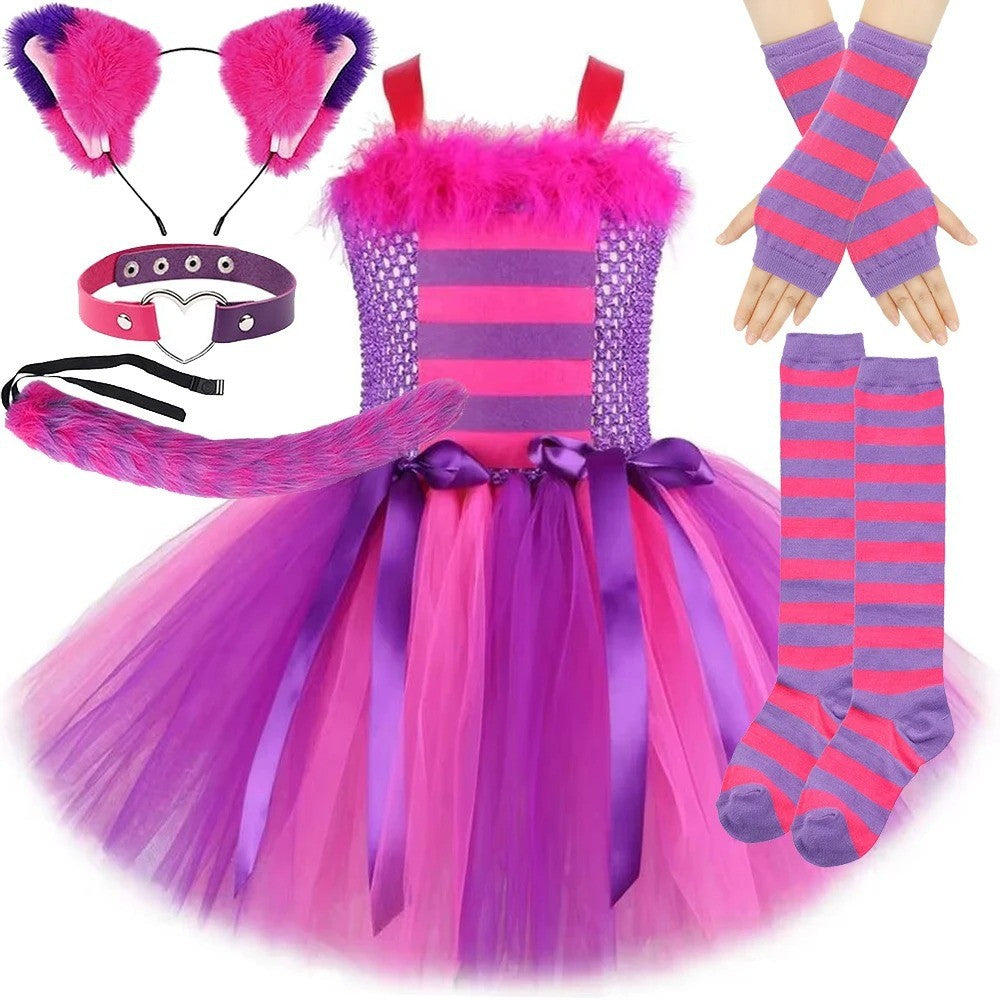 THEEPER Halloween Cheshire Cat Style Costume Tutu Dress for Girls, Animal Fancy Outfit Set for Halloween Carnival Birthday Party