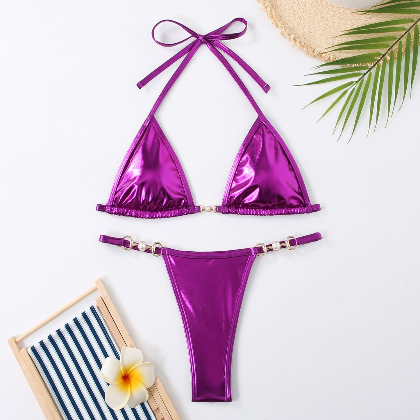 Shiny Pink Micro Bikini 2025 Mujer Women Sexy PU Pearls Push Up Thong Swimsuit Summer Bathing Suit Bandage Holiday Swimwear