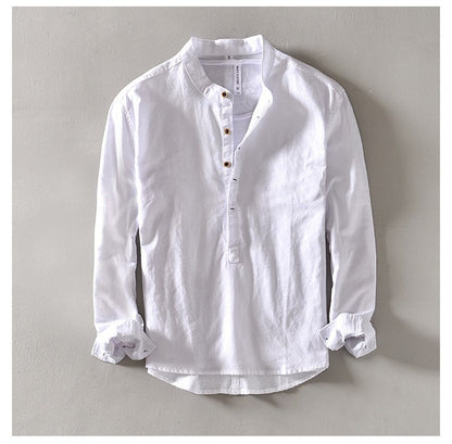 2024 Men's Linen Long-sleeved Shirt with Stand Collar, Youth Casual Loose Men's Cotton and Linen White Shirt.Beach Vacation Top