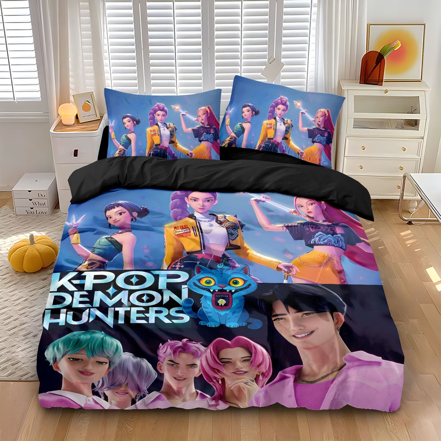 K-Pop Bedding Set Demon Hunters Themed pink or Black other side Print Polyester Student Dormitory  Duvet Cover Boys Girls Gift