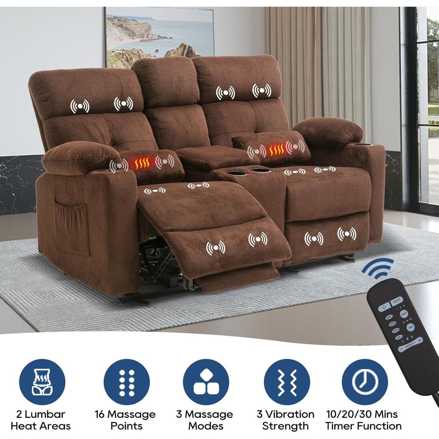 Sofá Reclinável Elétrico de 2 Lugares | Sofá Reclinável de 2 Lugares com Console e Porta-Copos | Sofá Reclinável Duplo | Assentos para Sala de Cinema