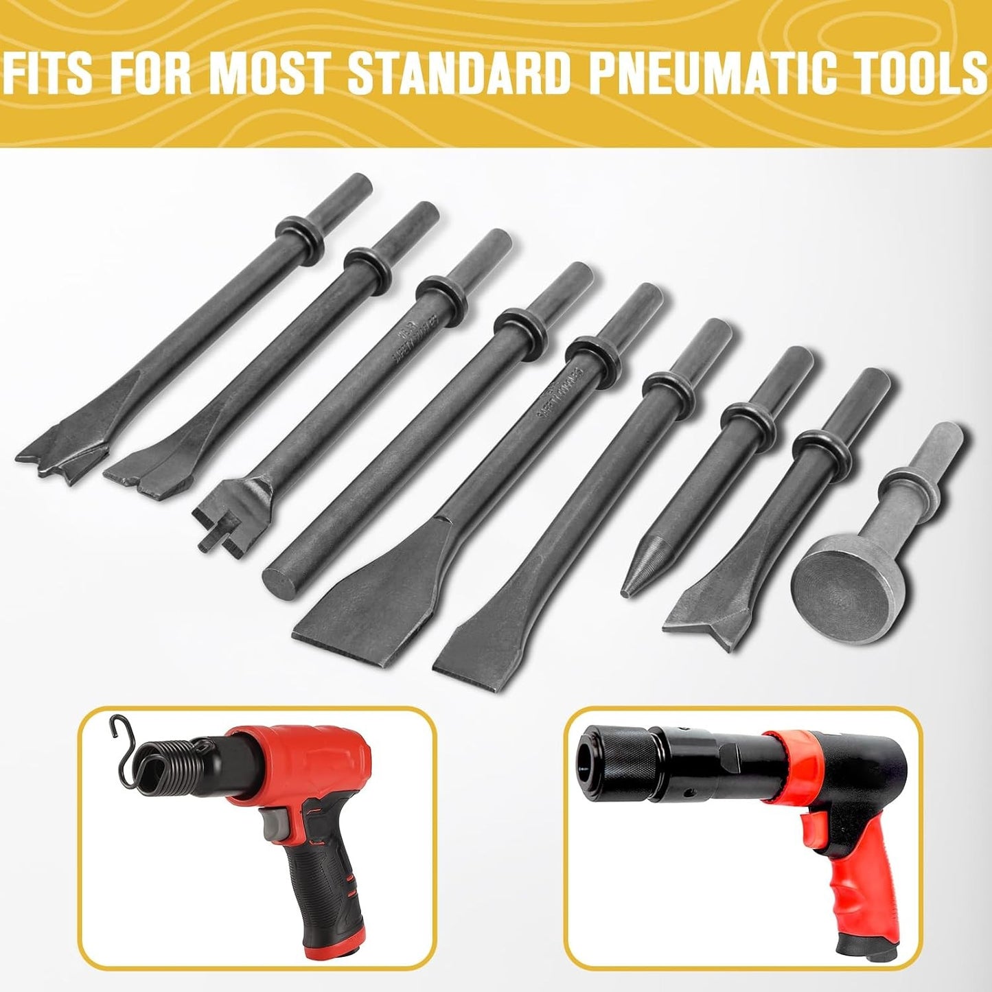 Kit de 9 Peças de Cinzéis para Martelete Pneumático para Demolição de Concreto, Pedra, Azulejo e Remoção de Ferrugem - Acessórios Duráveis para Cinzel Pneumático